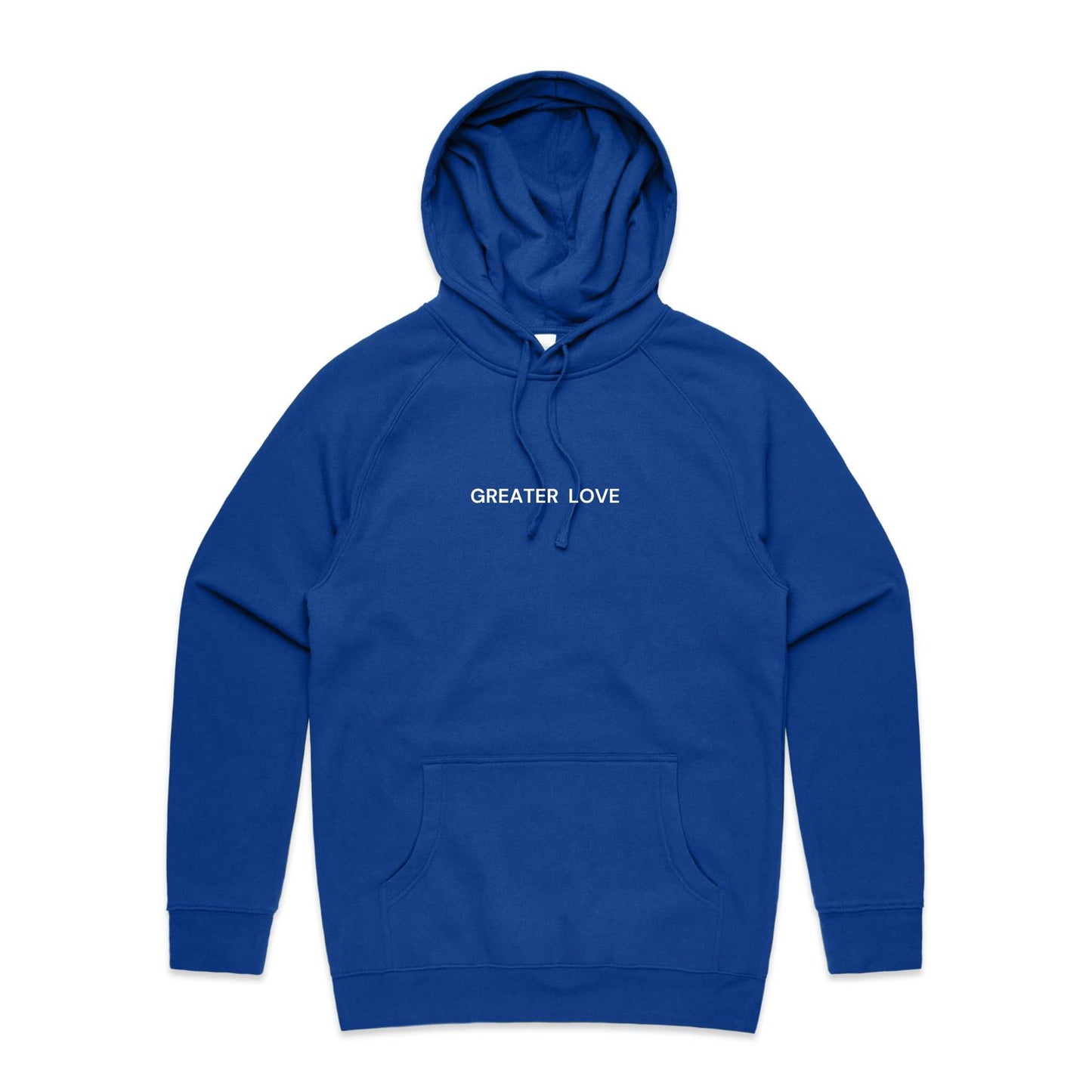 Christian hoodie featuring the phrase “Greater Love” in bold white lettering on the front — a simple yet powerful nod to John 15:13. Designed by Lighthouse Christian Clothing.