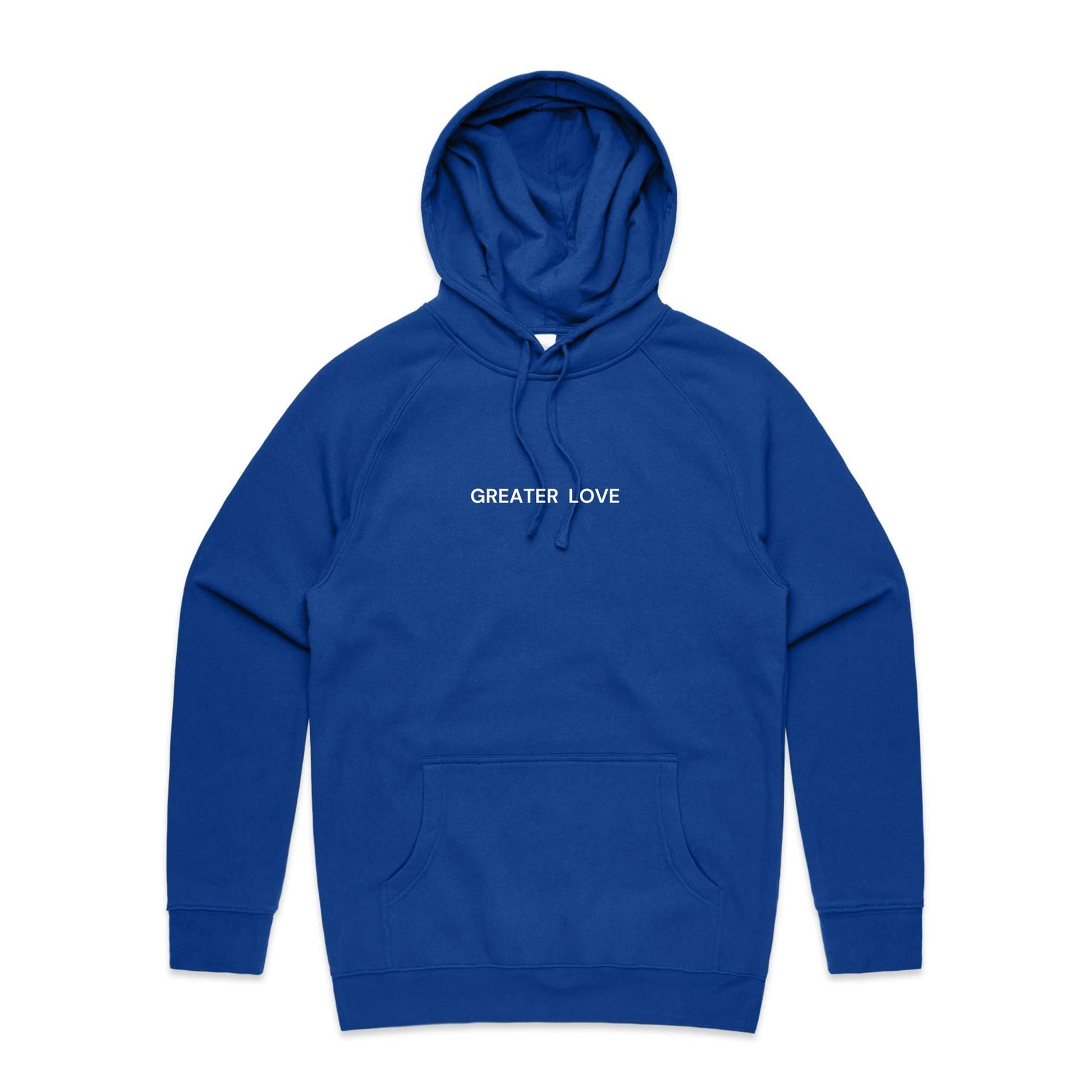 Christian hoodie featuring the phrase “Greater Love” in bold white lettering on the front — a simple yet powerful nod to John 15:13. Designed by Lighthouse Christian Clothing.