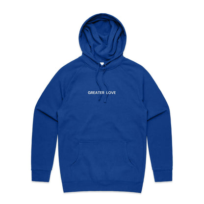 Christian hoodie featuring the phrase “Greater Love” in bold white lettering on the front — a simple yet powerful nod to John 15:13. Designed by Lighthouse Christian Clothing.