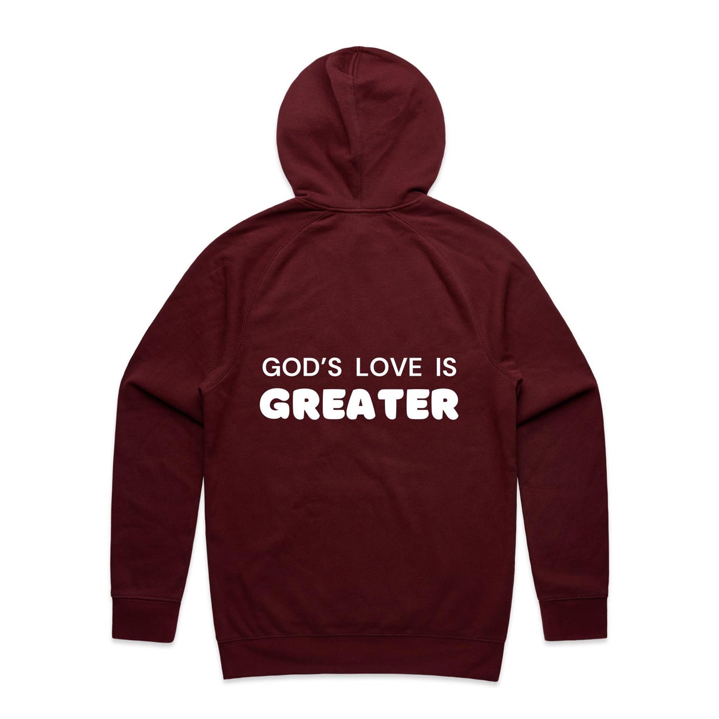 Christian hoodie with white text on the back that reads “God’s love is greater” — a faith-filled, comforting message about the unmatched love of Christ. Designed by Lighthouse Christian Clothing to inspire hope and share the gospel.