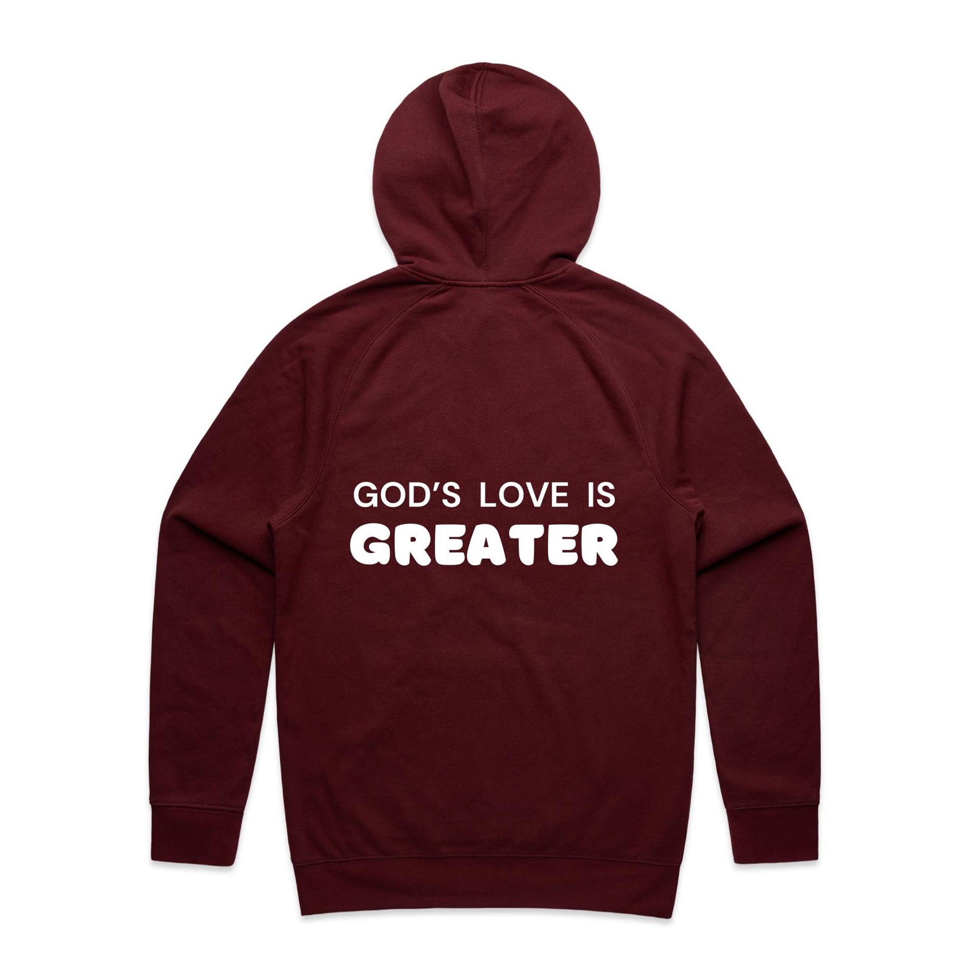 Christian hoodie with white text on the back that reads “God’s love is greater” — a faith-filled, comforting message about the unmatched love of Christ. Designed by Lighthouse Christian Clothing to inspire hope and share the gospel.
