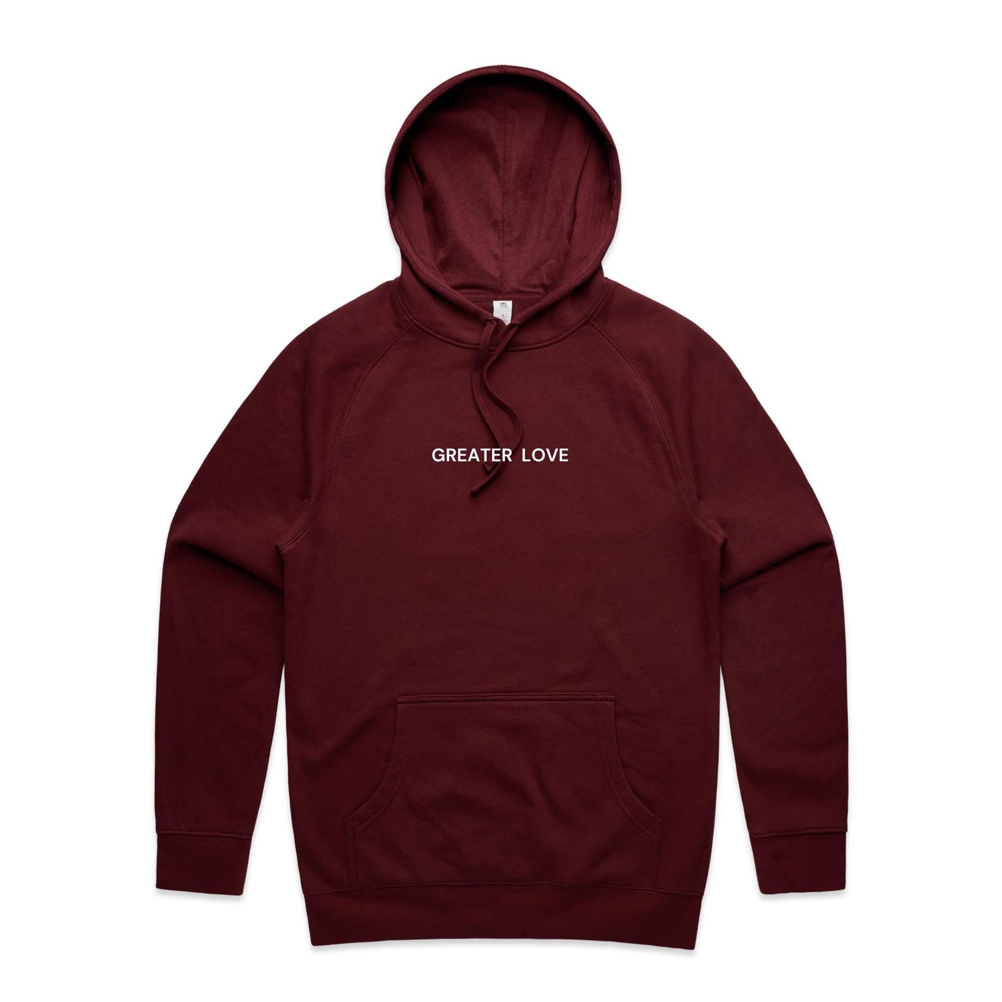 Christian hoodie featuring the phrase “Greater Love” in bold white lettering on the front — a simple yet powerful nod to John 15:13. Designed by Lighthouse Christian Clothing.
