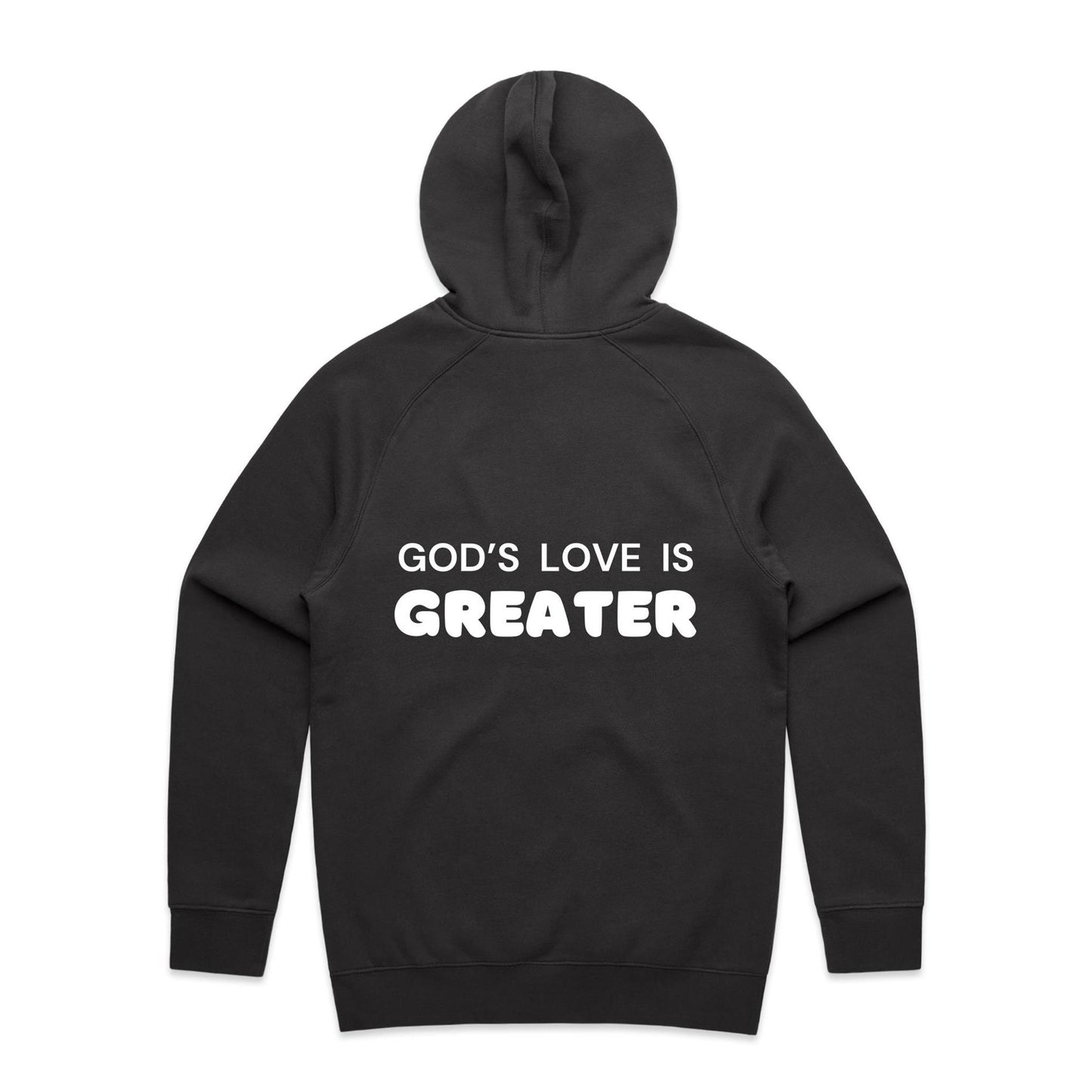 Christian hoodie with white text on the back that reads “God’s love is greater” — a faith-filled, comforting message about the unmatched love of Christ. Designed by Lighthouse Christian Clothing to inspire hope and share the gospel.