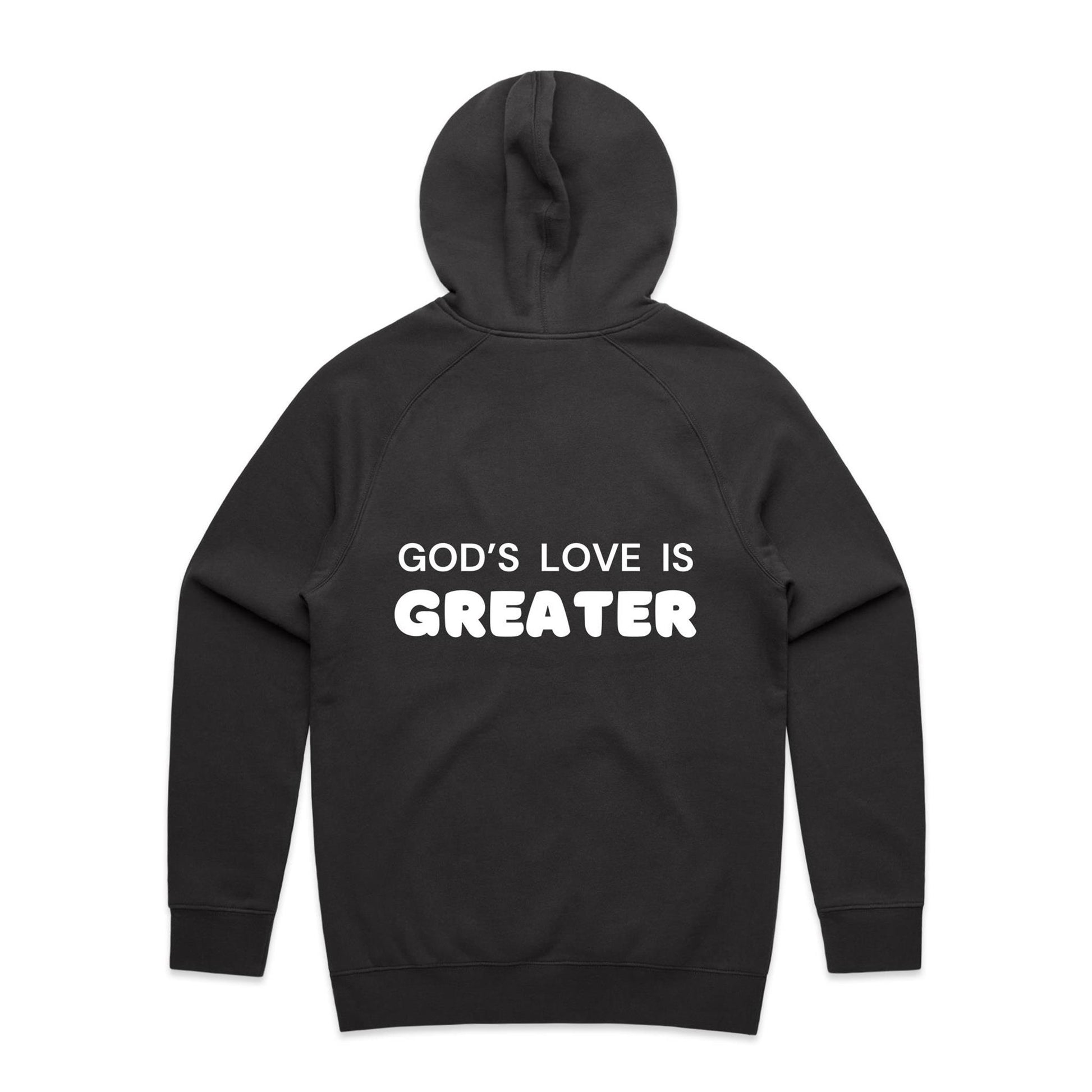 Christian hoodie with white text on the back that reads “God’s love is greater” — a faith-filled, comforting message about the unmatched love of Christ. Designed by Lighthouse Christian Clothing to inspire hope and share the gospel.