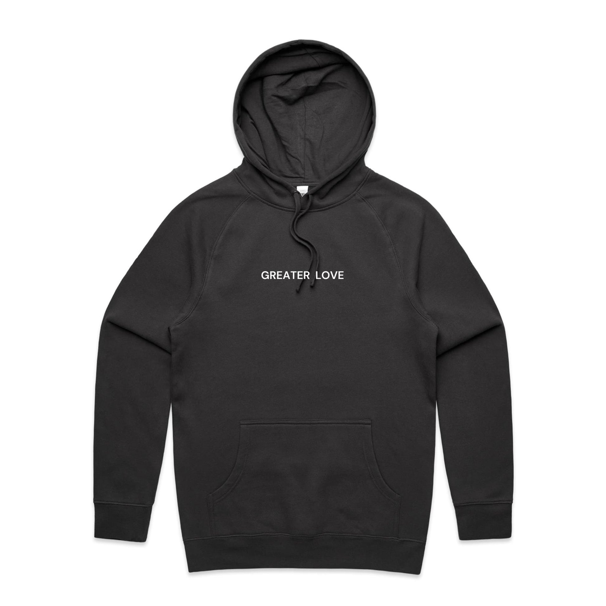 Christian hoodie featuring the phrase “Greater Love” in bold white lettering on the front — a simple yet powerful nod to John 15:13. Designed by Lighthouse Christian Clothing.