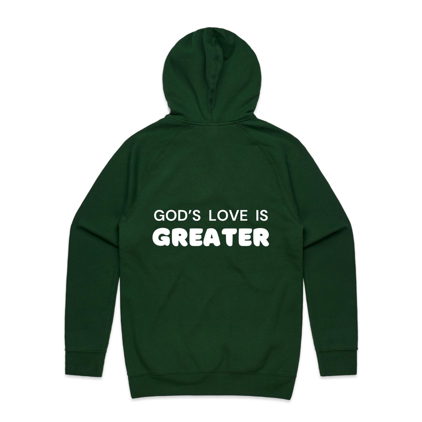 Christian hoodie with white text on the back that reads “God’s love is greater” — a faith-filled, comforting message about the unmatched love of Christ. Designed by Lighthouse Christian Clothing to inspire hope and share the gospel.