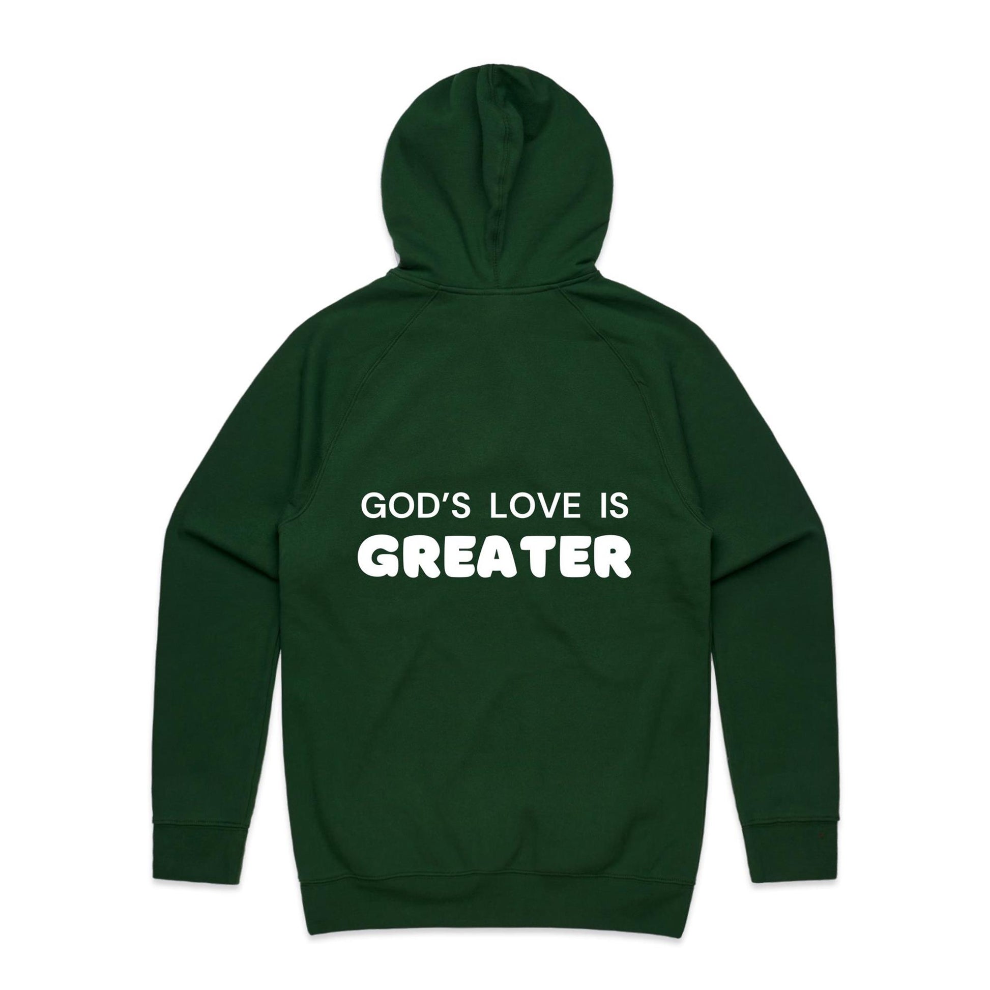 Christian hoodie with white text on the back that reads “God’s love is greater” — a faith-filled, comforting message about the unmatched love of Christ. Designed by Lighthouse Christian Clothing to inspire hope and share the gospel.