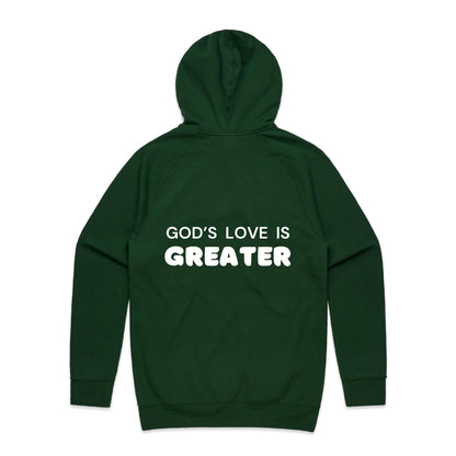 Christian hoodie with white text on the back that reads “God’s love is greater” — a faith-filled, comforting message about the unmatched love of Christ. Designed by Lighthouse Christian Clothing to inspire hope and share the gospel.