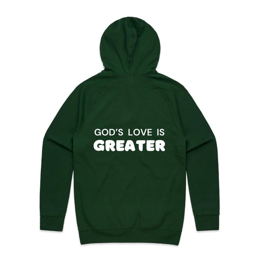 Christian hoodie with white text on the back that reads “God’s love is greater” — a faith-filled, comforting message about the unmatched love of Christ. Designed by Lighthouse Christian Clothing to inspire hope and share the gospel.