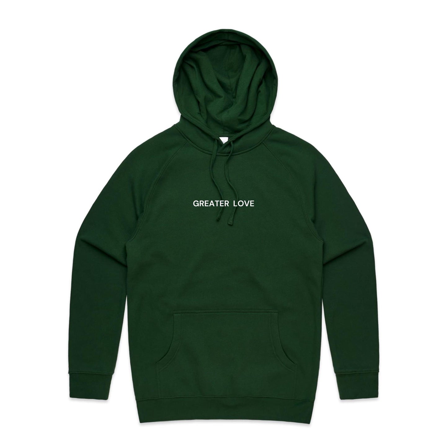 Christian hoodie featuring the phrase “Greater Love” in bold white lettering on the front — a simple yet powerful nod to John 15:13. Designed by Lighthouse Christian Clothing.