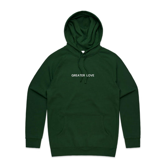 Christian hoodie featuring the phrase “Greater Love” in bold white lettering on the front — a simple yet powerful nod to John 15:13. Designed by Lighthouse Christian Clothing.