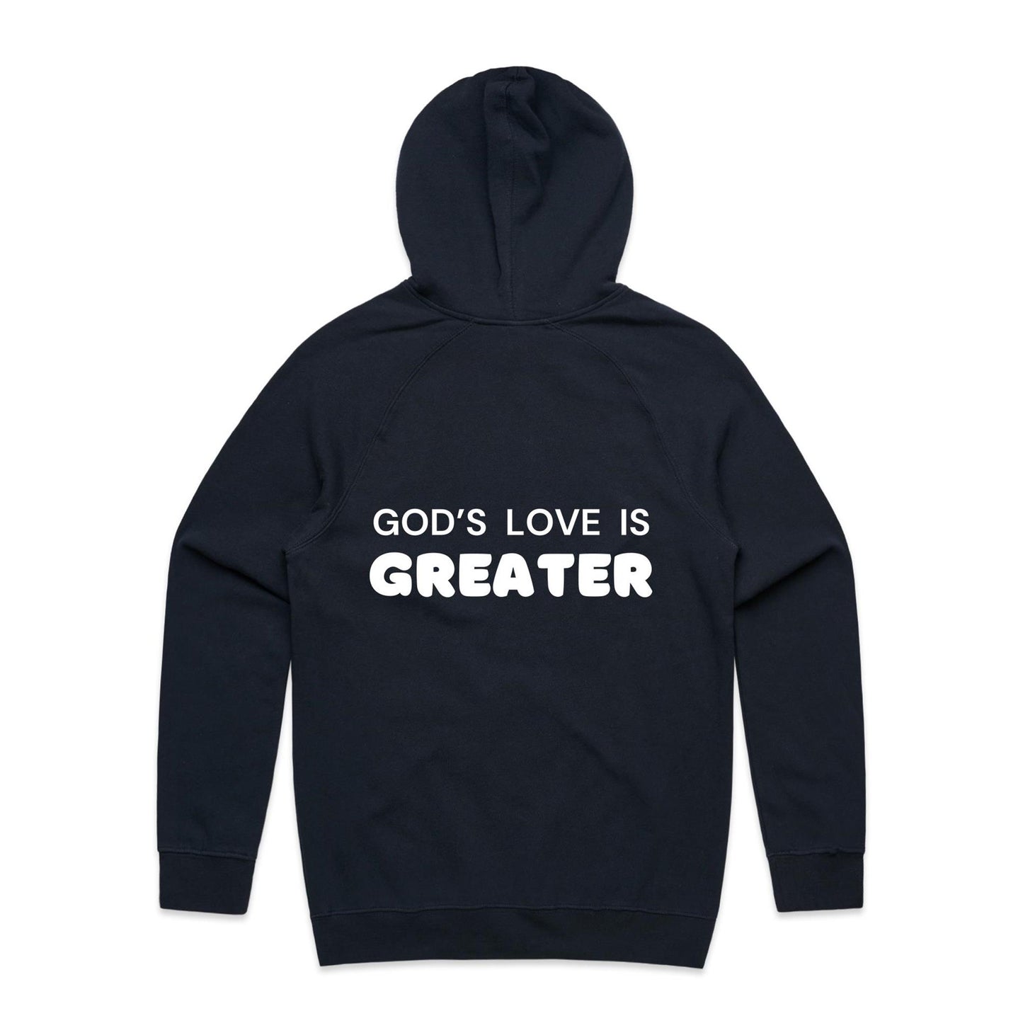 Christian hoodie with white text on the back that reads “God’s love is greater” — a faith-filled, comforting message about the unmatched love of Christ. Designed by Lighthouse Christian Clothing to inspire hope and share the gospel.