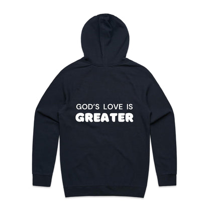 Christian hoodie with white text on the back that reads “God’s love is greater” — a faith-filled, comforting message about the unmatched love of Christ. Designed by Lighthouse Christian Clothing to inspire hope and share the gospel.