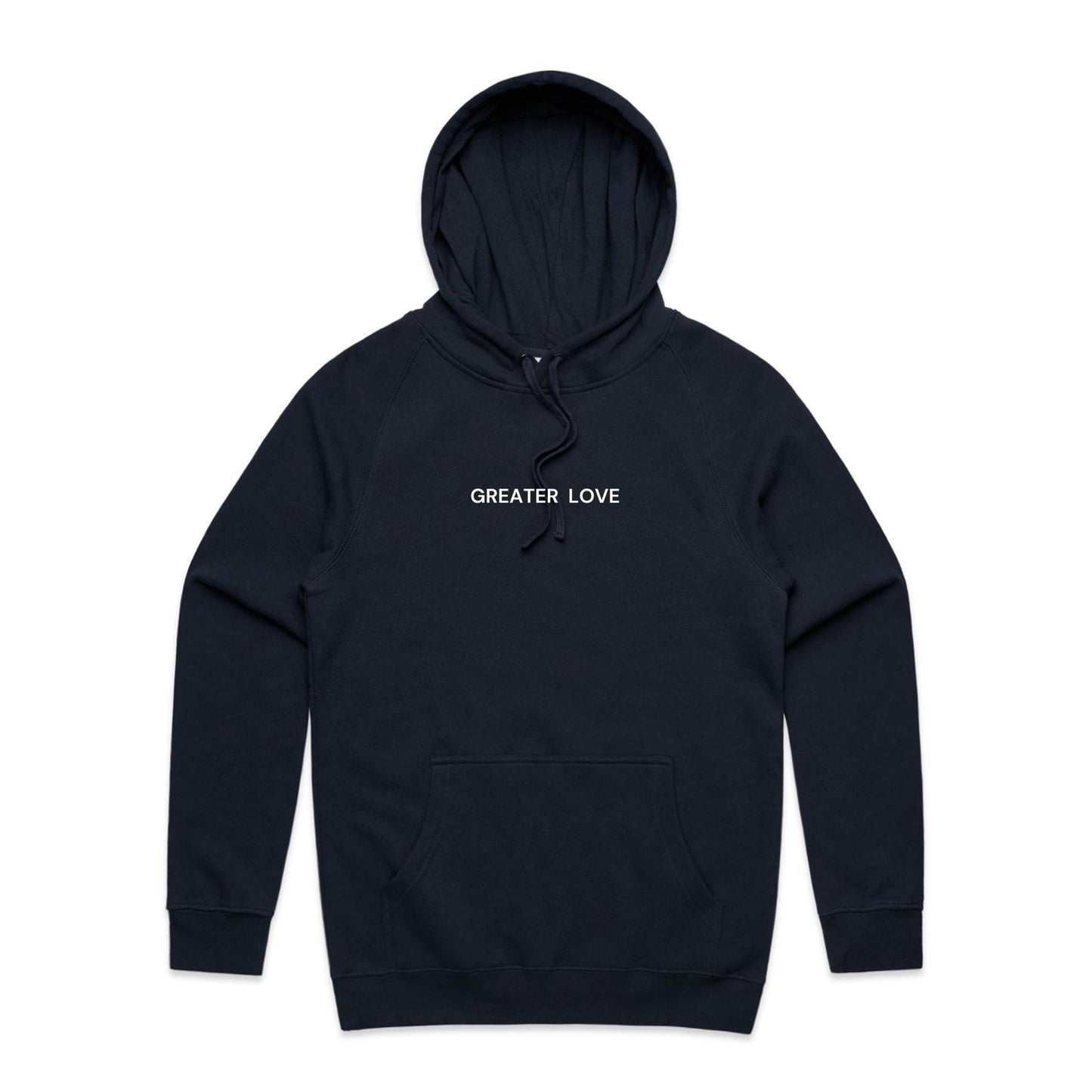 Christian hoodie featuring the phrase “Greater Love” in bold white lettering on the front — a simple yet powerful nod to John 15:13. Designed by Lighthouse Christian Clothing.