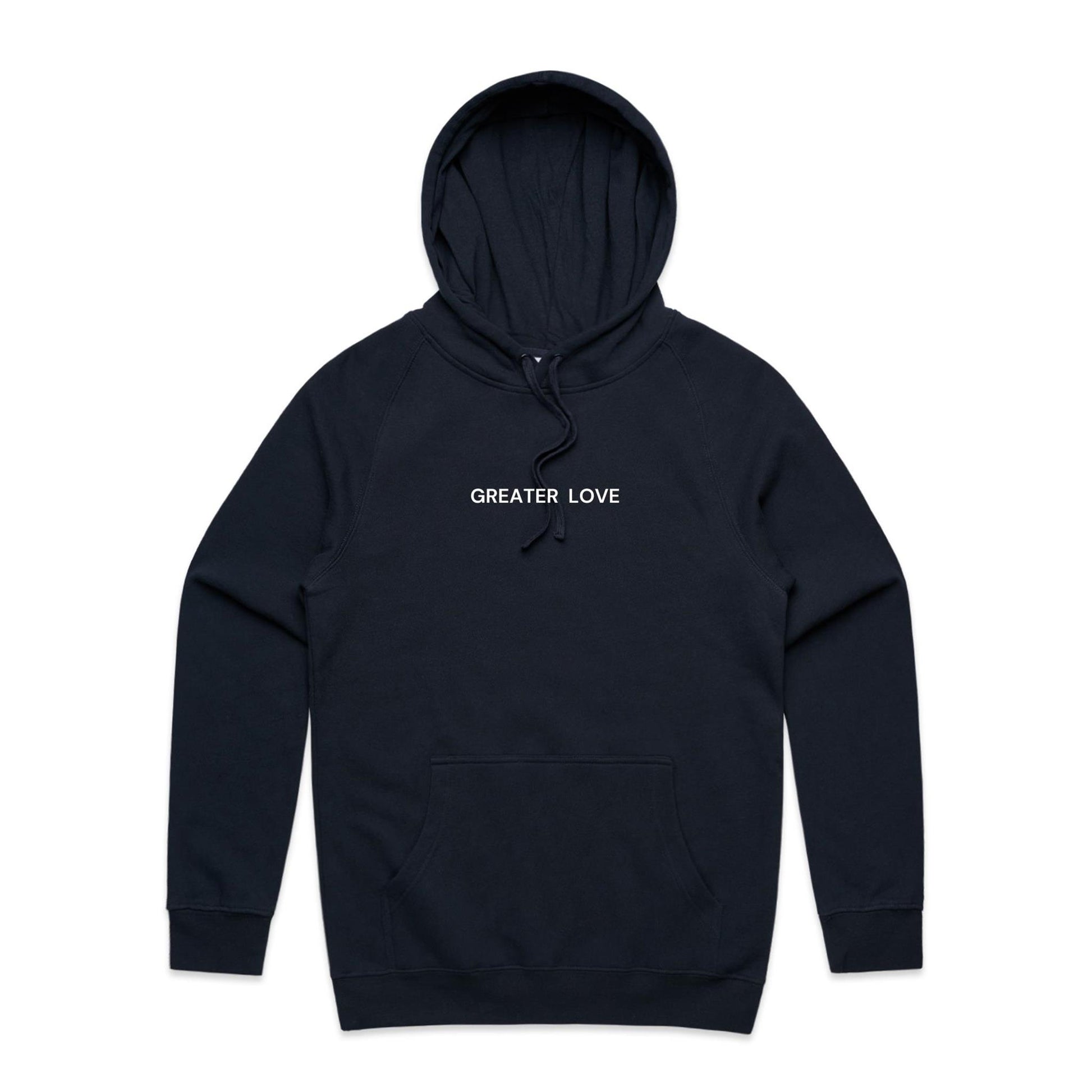 Christian hoodie featuring the phrase “Greater Love” in bold white lettering on the front — a simple yet powerful nod to John 15:13. Designed by Lighthouse Christian Clothing.