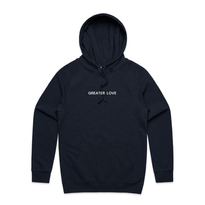 Christian hoodie featuring the phrase “Greater Love” in bold white lettering on the front — a simple yet powerful nod to John 15:13. Designed by Lighthouse Christian Clothing.