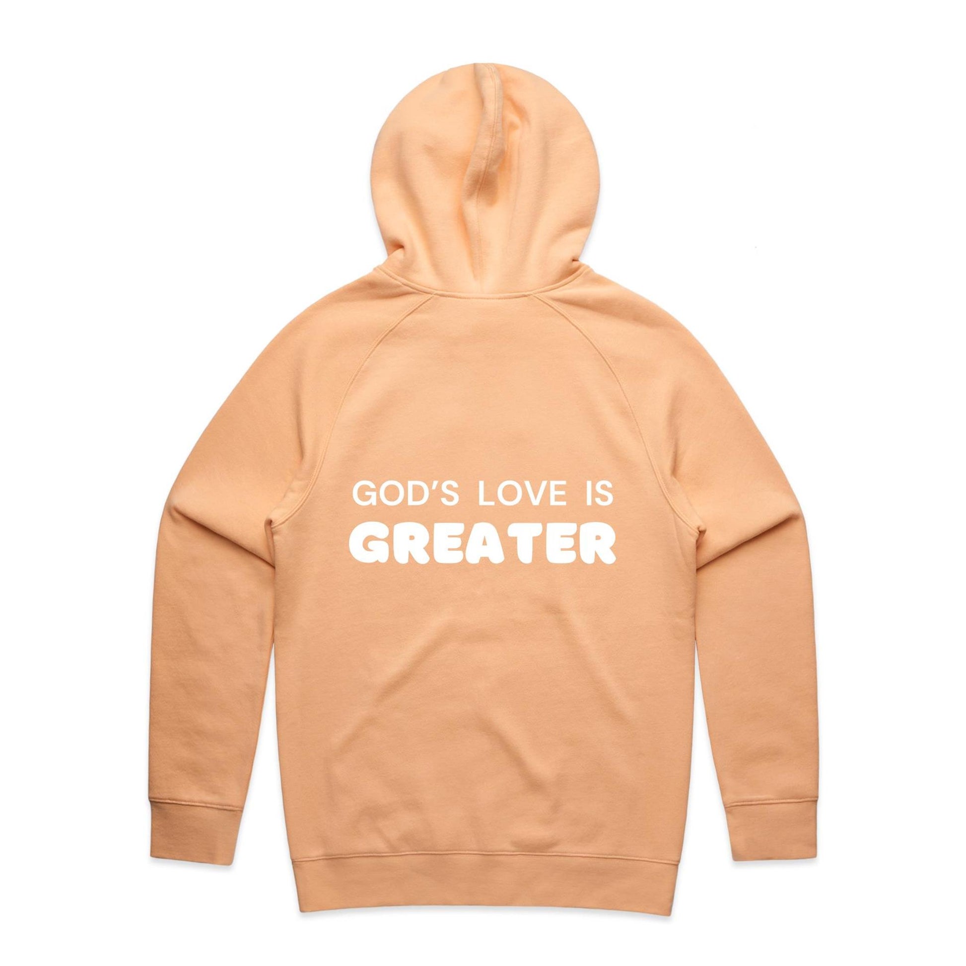 Christian hoodie with white text on the back that reads “God’s love is greater” — a faith-filled, comforting message about the unmatched love of Christ. Designed by Lighthouse Christian Clothing to inspire hope and share the gospel.