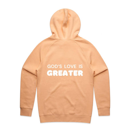 Christian hoodie with white text on the back that reads “God’s love is greater” — a faith-filled, comforting message about the unmatched love of Christ. Designed by Lighthouse Christian Clothing to inspire hope and share the gospel.