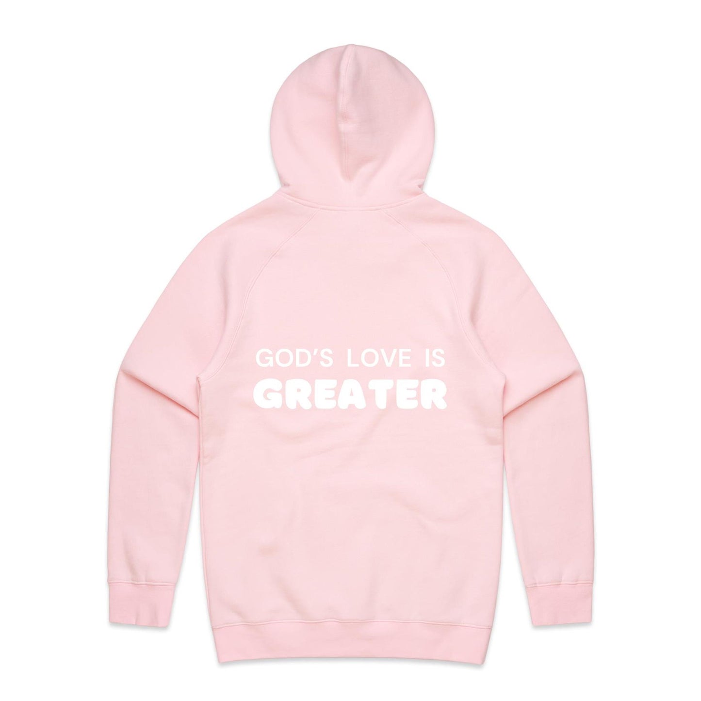 Christian hoodie with white text on the back that reads “God’s love is greater” — a faith-filled, comforting message about the unmatched love of Christ. Designed by Lighthouse Christian Clothing to inspire hope and share the gospel.