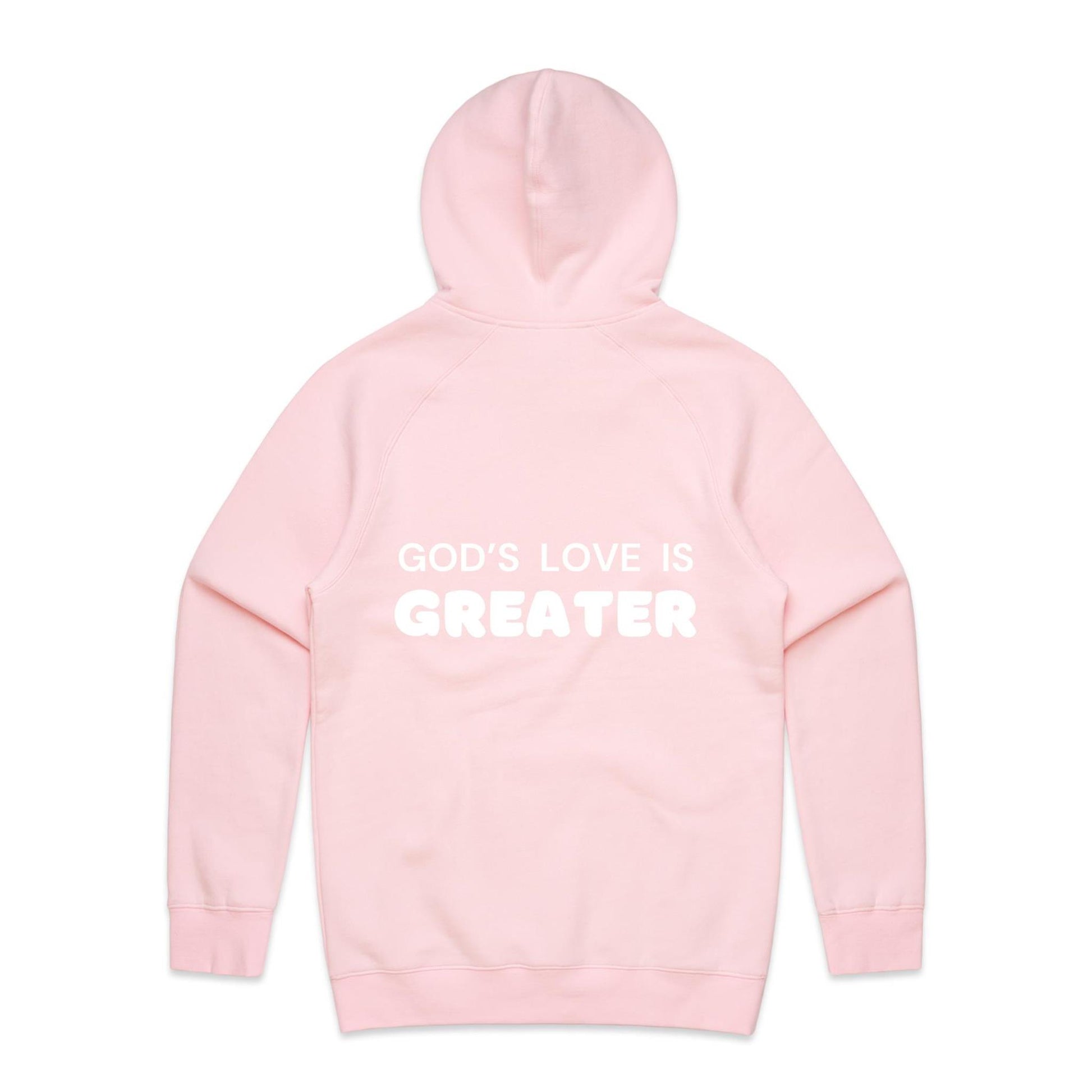 Christian hoodie with white text on the back that reads “God’s love is greater” — a faith-filled, comforting message about the unmatched love of Christ. Designed by Lighthouse Christian Clothing to inspire hope and share the gospel.