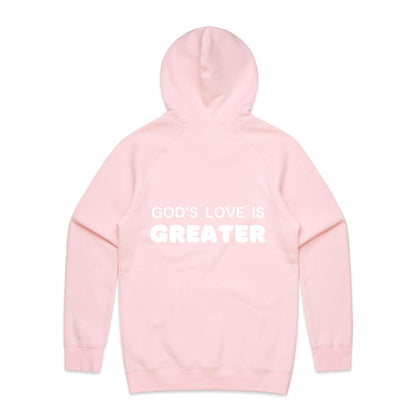 Christian hoodie with white text on the back that reads “God’s love is greater” — a faith-filled, comforting message about the unmatched love of Christ. Designed by Lighthouse Christian Clothing to inspire hope and share the gospel.