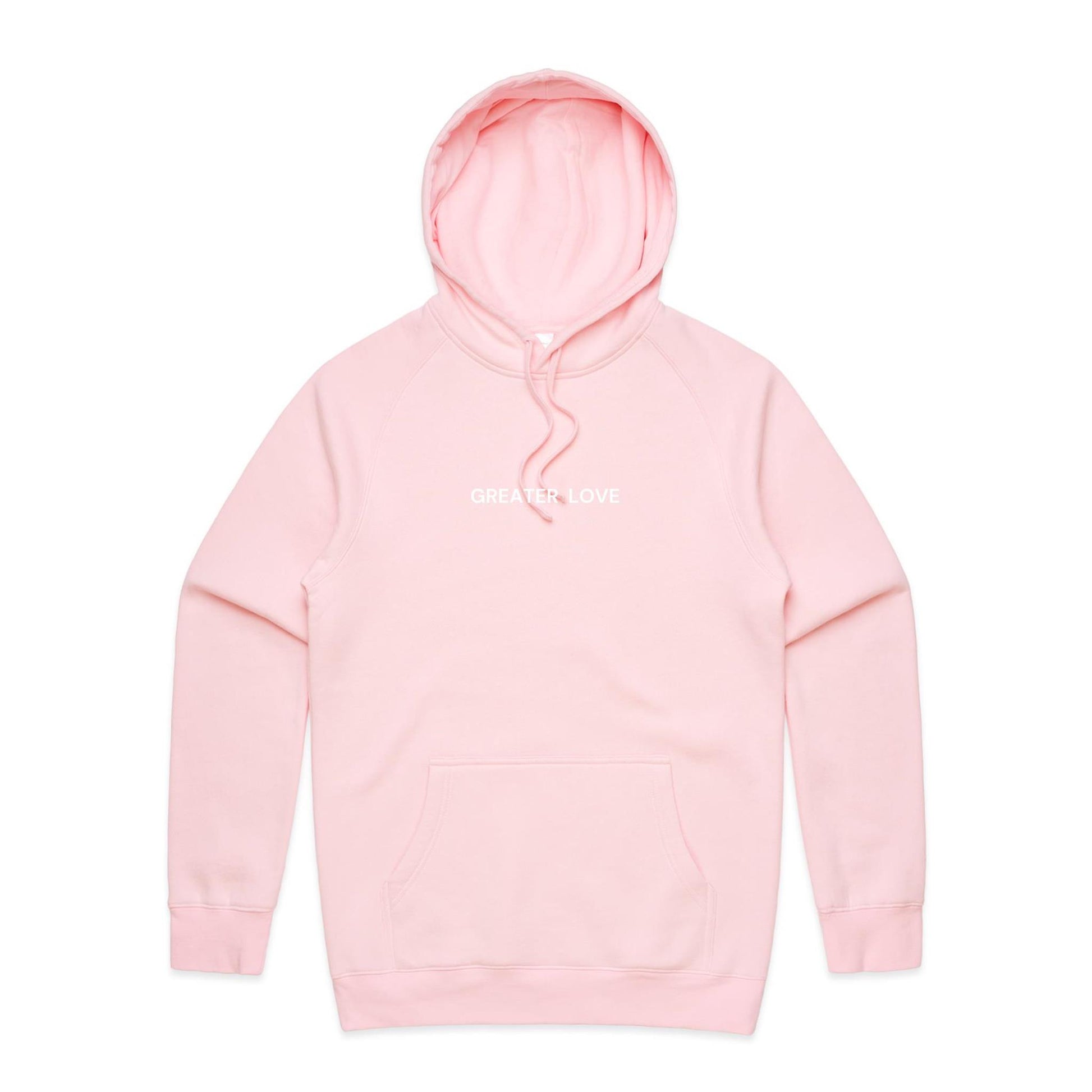 Christian hoodie featuring the phrase “Greater Love” in bold white lettering on the front — a simple yet powerful nod to John 15:13. Designed by Lighthouse Christian Clothing.