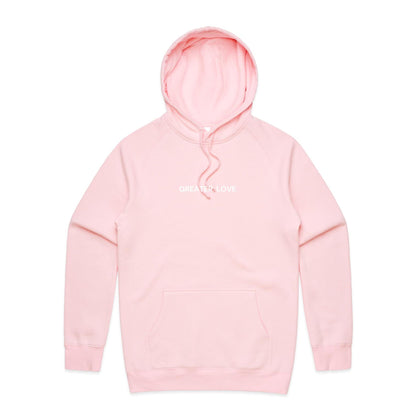 Christian hoodie featuring the phrase “Greater Love” in bold white lettering on the front — a simple yet powerful nod to John 15:13. Designed by Lighthouse Christian Clothing.