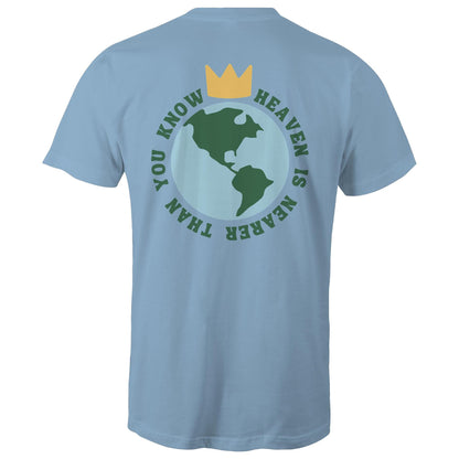 Christian t-shirt featuring a back graphic of Earth with a gold crown above it and the phrase 'Heaven is nearer than you know' encircling the globe — inspirational faith-based apparel, by Lighthouse Christian Clothing.