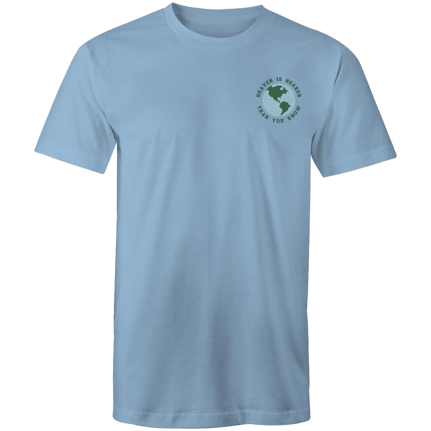 Christian t-shirt featuring a small globe graphic on the left chest with the words “Heaven is nearer than you know” — subtle encouragement in everyday wear, by Lighthouse Christian Clothing.