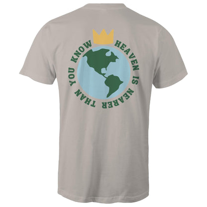 Christian t-shirt featuring a back graphic of Earth with a gold crown above it and the phrase 'Heaven is nearer than you know' encircling the globe — inspirational faith-based apparel, by Lighthouse Christian Clothing.