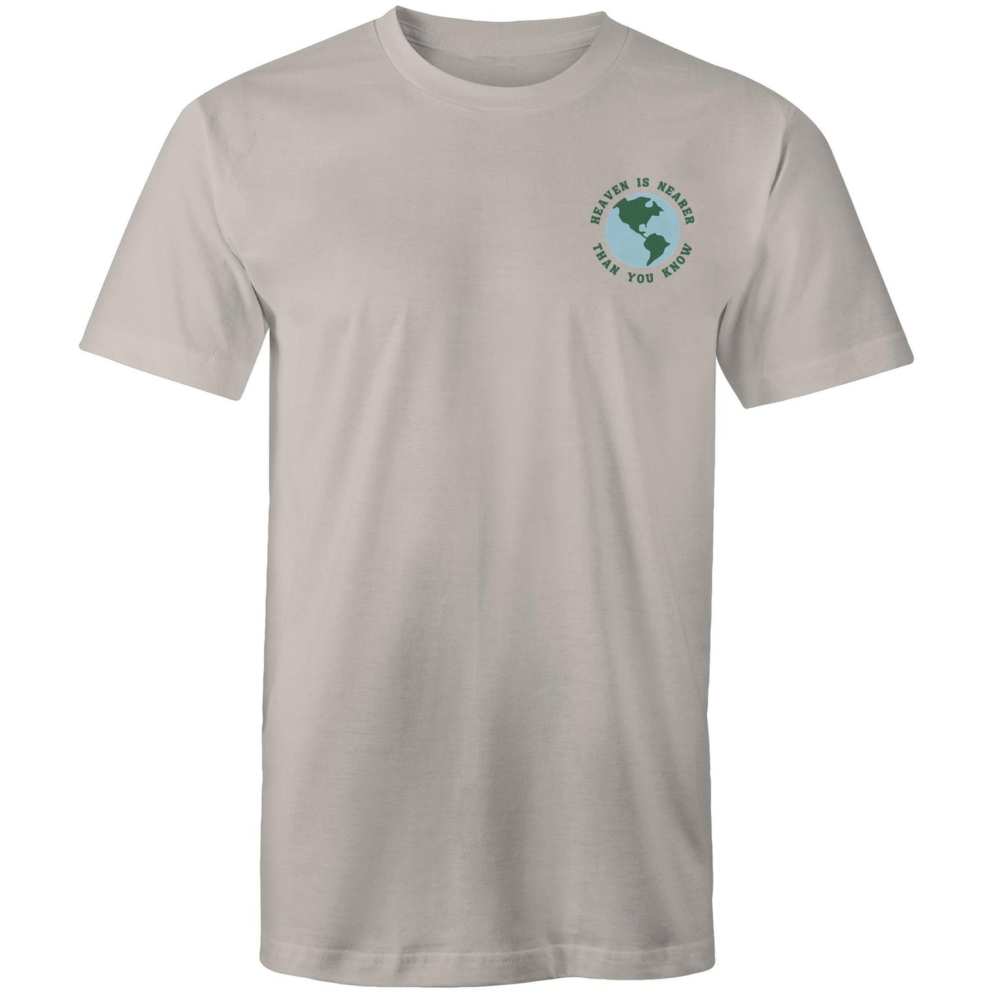 Christian t-shirt featuring a small globe graphic on the left chest with the words “Heaven is nearer than you know” — subtle encouragement in everyday wear, by Lighthouse Christian Clothing.