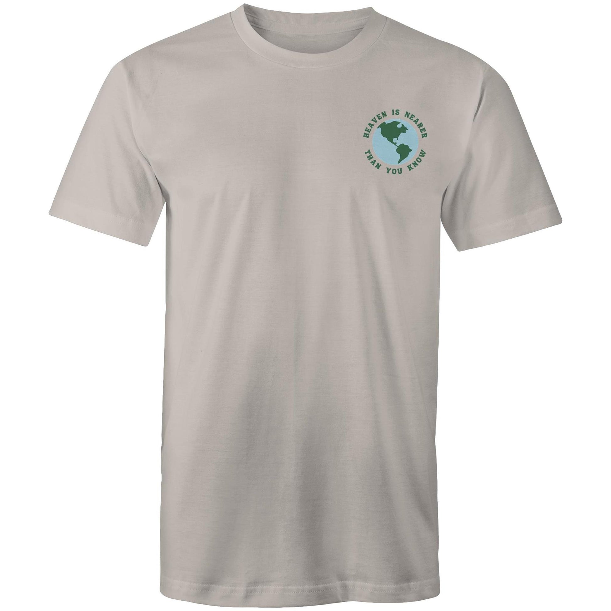 Christian t-shirt featuring a small globe graphic on the left chest with the words “Heaven is nearer than you know” — subtle encouragement in everyday wear, by Lighthouse Christian Clothing.