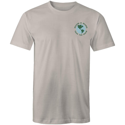 Christian t-shirt featuring a small globe graphic on the left chest with the words “Heaven is nearer than you know” — subtle encouragement in everyday wear, by Lighthouse Christian Clothing.