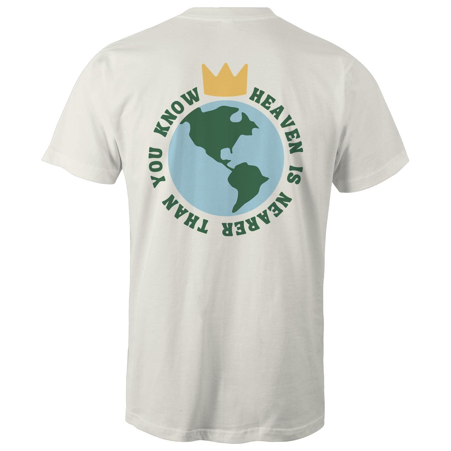 Christian t-shirt featuring a back graphic of Earth with a gold crown above it and the phrase 'Heaven is nearer than you know' encircling the globe — inspirational faith-based apparel, by Lighthouse Christian Clothing.