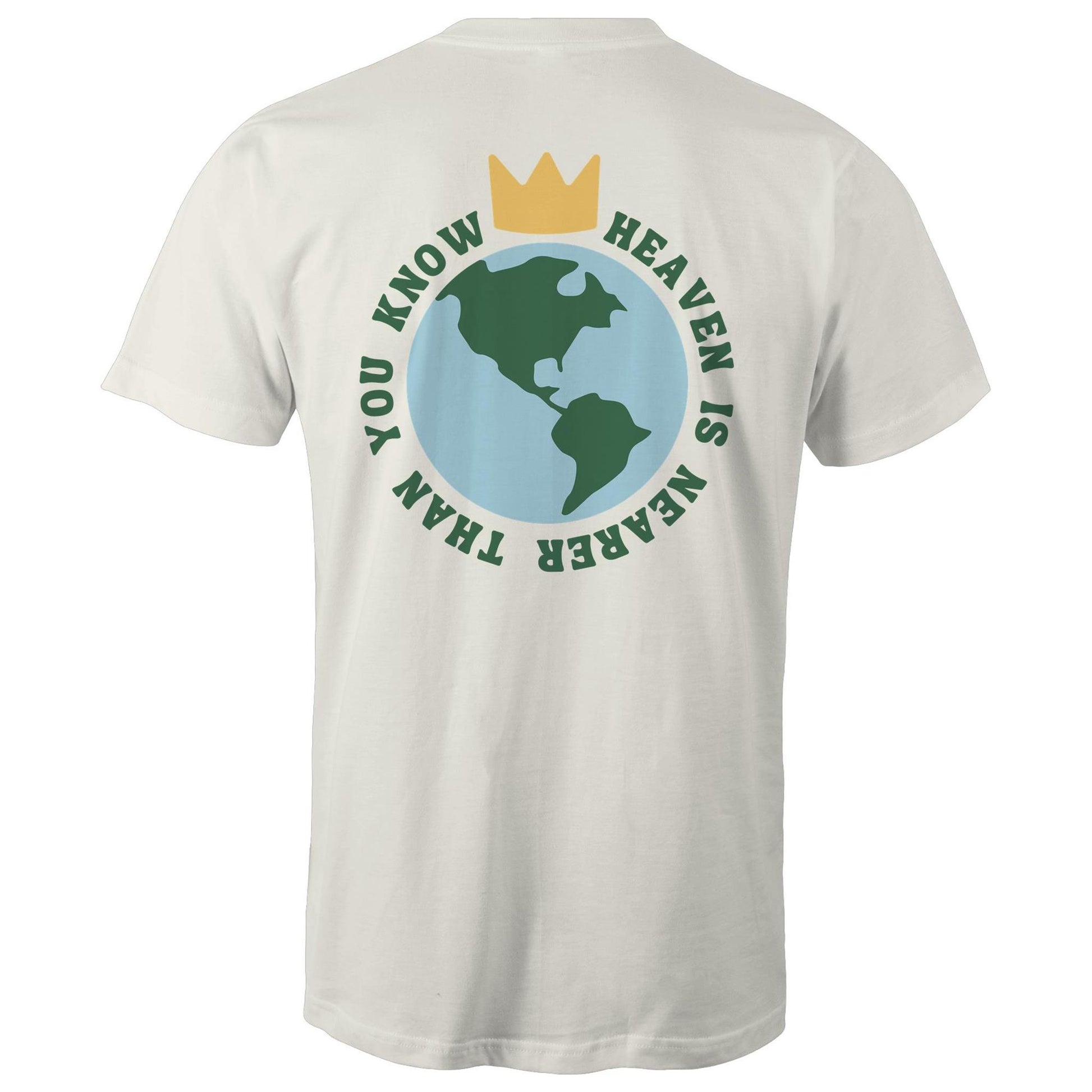 Christian t-shirt featuring a back graphic of Earth with a gold crown above it and the phrase 'Heaven is nearer than you know' encircling the globe — inspirational faith-based apparel, by Lighthouse Christian Clothing.