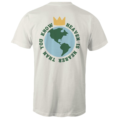Christian t-shirt featuring a back graphic of Earth with a gold crown above it and the phrase 'Heaven is nearer than you know' encircling the globe — inspirational faith-based apparel, by Lighthouse Christian Clothing.