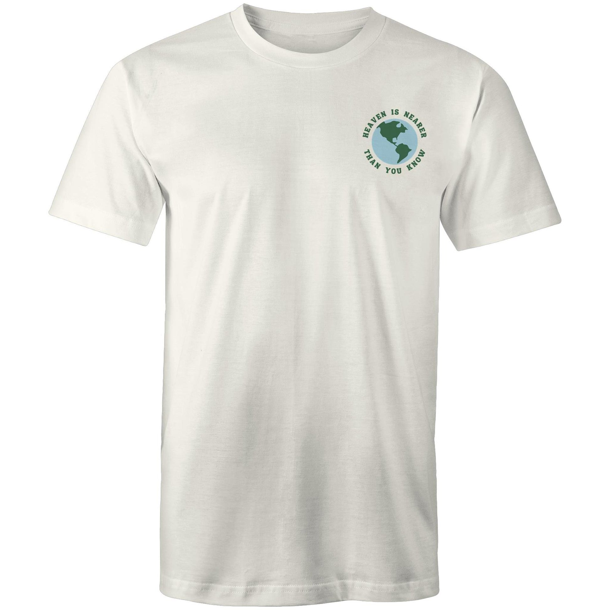 Christian t-shirt featuring a small globe graphic on the left chest with the words “Heaven is nearer than you know” — subtle encouragement in everyday wear, by Lighthouse Christian Clothing.