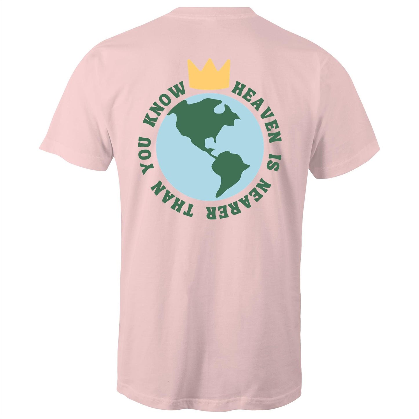 Christian t-shirt featuring a back graphic of Earth with a gold crown above it and the phrase 'Heaven is nearer than you know' encircling the globe — inspirational faith-based apparel, by Lighthouse Christian Clothing.