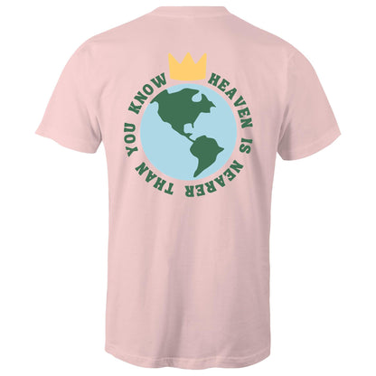 Christian t-shirt featuring a back graphic of Earth with a gold crown above it and the phrase 'Heaven is nearer than you know' encircling the globe — inspirational faith-based apparel, by Lighthouse Christian Clothing.