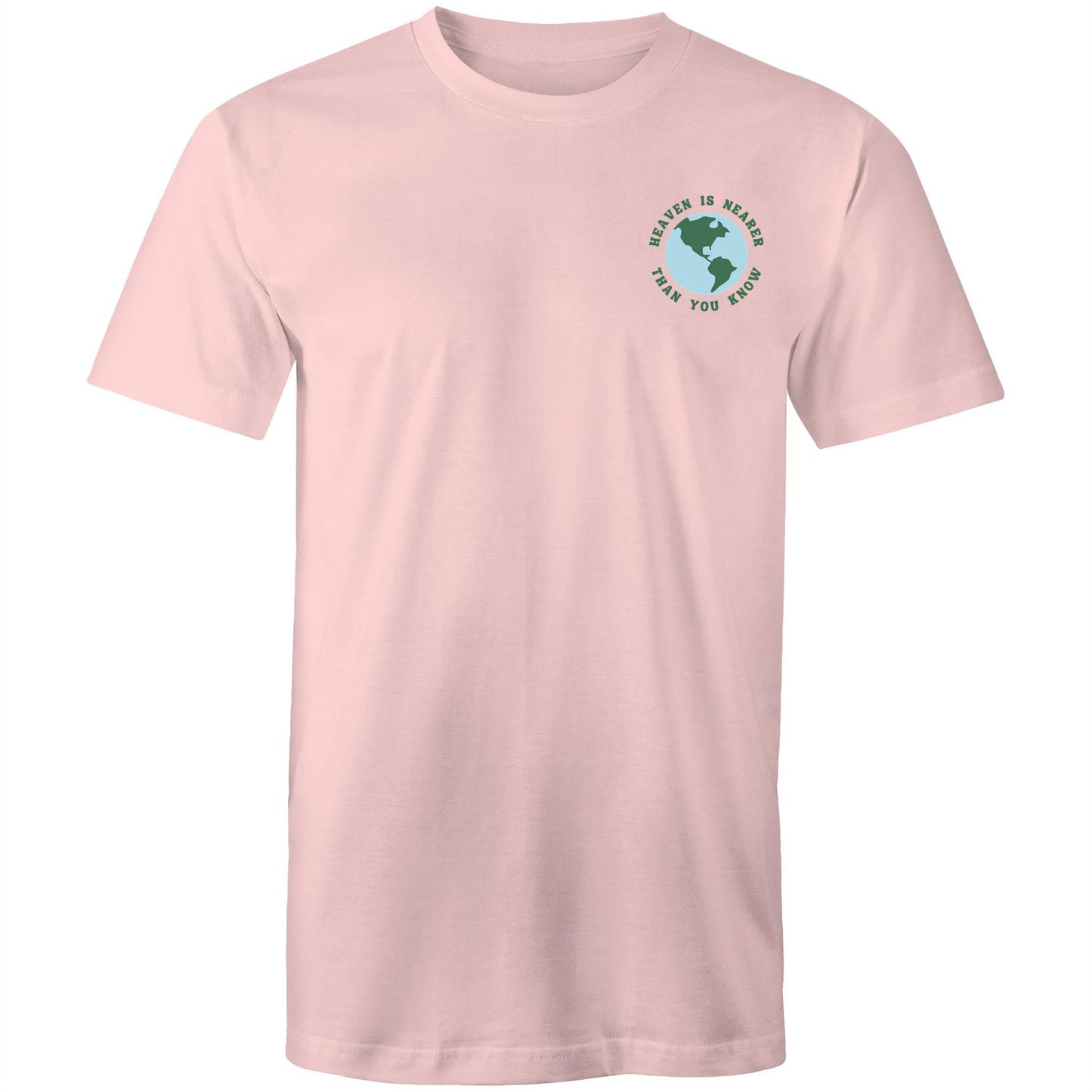 Christian t-shirt featuring a small globe graphic on the left chest with the words “Heaven is nearer than you know” — subtle encouragement in everyday wear, by Lighthouse Christian Clothing.