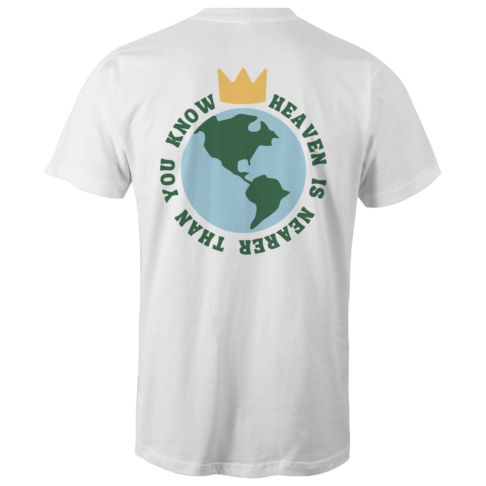 Christian t-shirt featuring a back graphic of Earth with a gold crown above it and the phrase 'Heaven is nearer than you know' encircling the globe — inspirational faith-based apparel, by Lighthouse Christian Clothing.