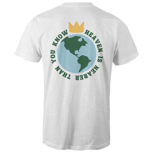Christian t-shirt featuring a back graphic of Earth with a gold crown above it and the phrase 'Heaven is nearer than you know' encircling the globe — inspirational faith-based apparel, by Lighthouse Christian Clothing.