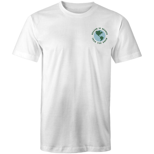 Christian t-shirt featuring a small globe graphic on the left chest with the words “Heaven is nearer than you know” — subtle encouragement in everyday wear, by Lighthouse Christian Clothing.
