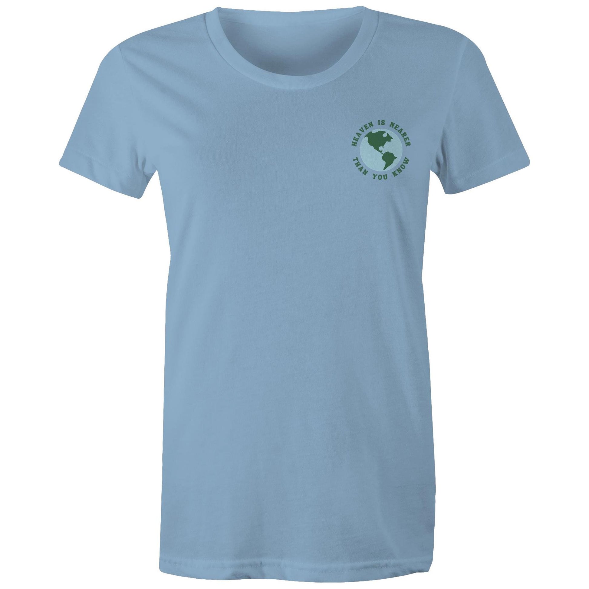 Christian t-shirt featuring a small globe graphic on the left chest with the words “Heaven is nearer than you know” — subtle encouragement in everyday wear, by Lighthouse Christian Clothing.