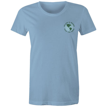 Christian t-shirt featuring a small globe graphic on the left chest with the words “Heaven is nearer than you know” — subtle encouragement in everyday wear, by Lighthouse Christian Clothing.