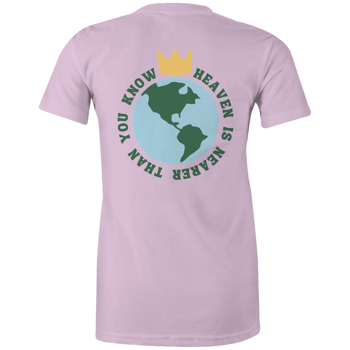 Christian t-shirt featuring a back graphic of Earth with a gold crown above it and the phrase 'Heaven is nearer than you know' encircling the globe — inspirational faith-based apparel by Lighthouse Christian Clothing.