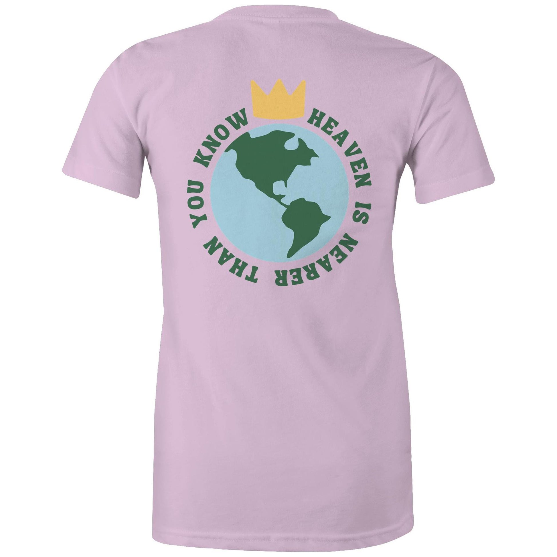 Christian t-shirt featuring a back graphic of Earth with a gold crown above it and the phrase 'Heaven is nearer than you know' encircling the globe — inspirational faith-based apparel by Lighthouse Christian Clothing.