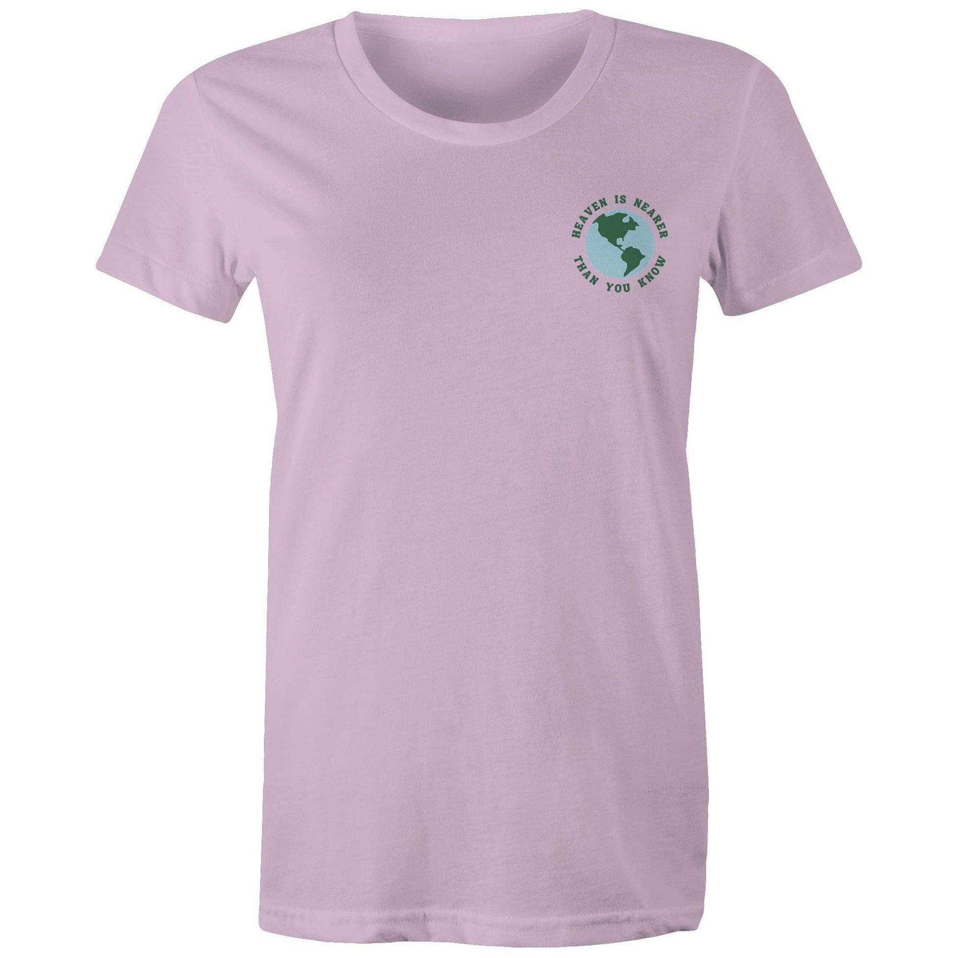 Christian t-shirt featuring a small globe graphic on the left chest with the words “Heaven is nearer than you know” — subtle encouragement in everyday wear, by Lighthouse Christian Clothing.