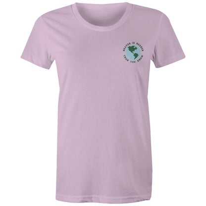 Christian t-shirt featuring a small globe graphic on the left chest with the words “Heaven is nearer than you know” — subtle encouragement in everyday wear, by Lighthouse Christian Clothing.