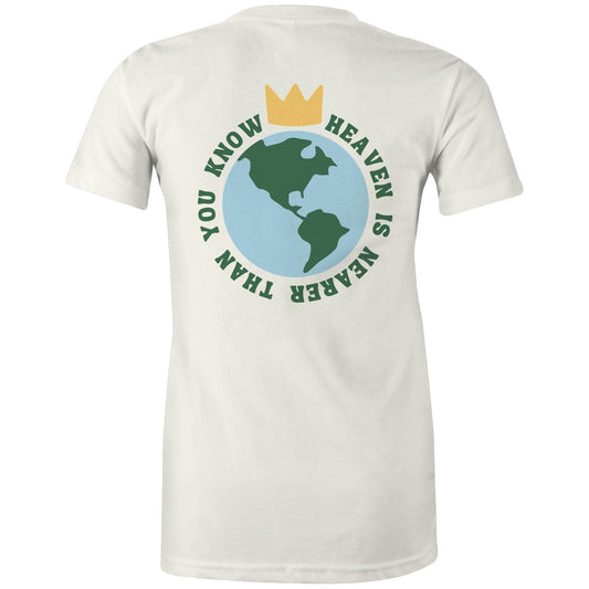 Christian t-shirt featuring a back graphic of Earth with a gold crown above it and the phrase 'Heaven is nearer than you know' encircling the globe — inspirational faith-based apparel by Lighthouse Christian Clothing.